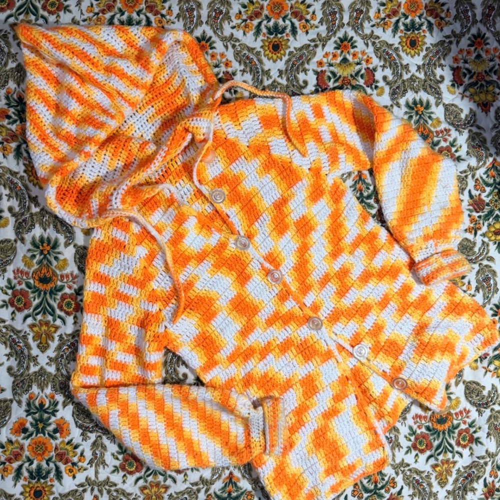 VTG Handmade Crochet Hooded Cardigan Orange White‎ Checkered Button Sweater - M